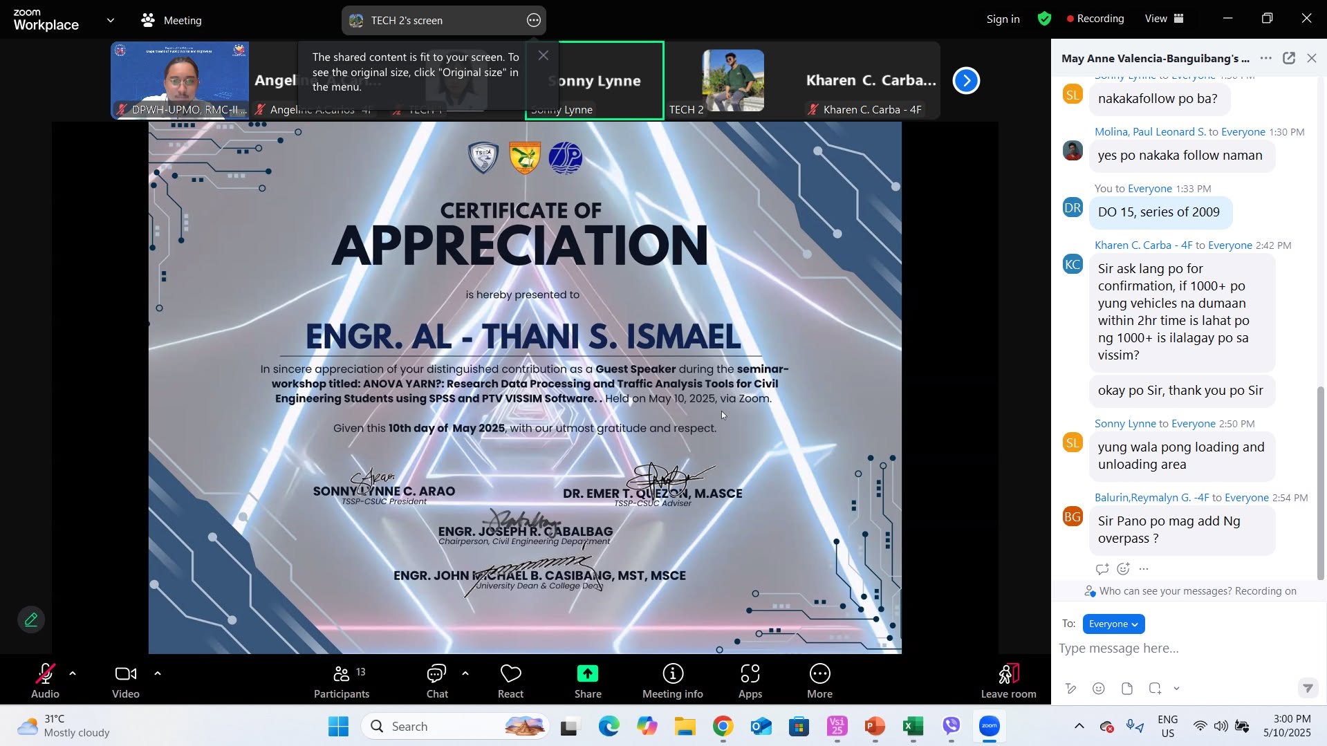 Certificate of appreciation presented during the TSI training seminar