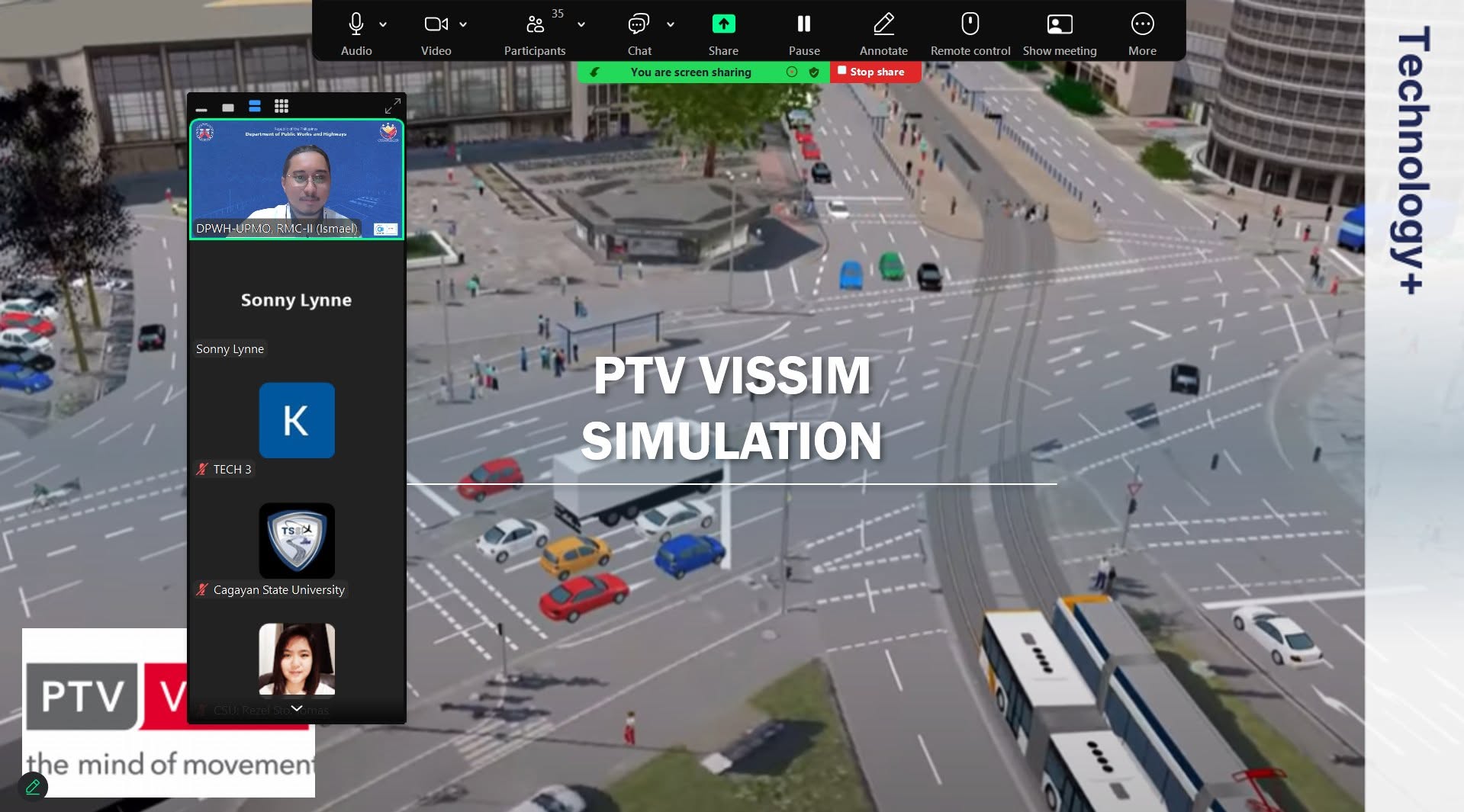 PTV Vissim simulation presentation shown in Zoom